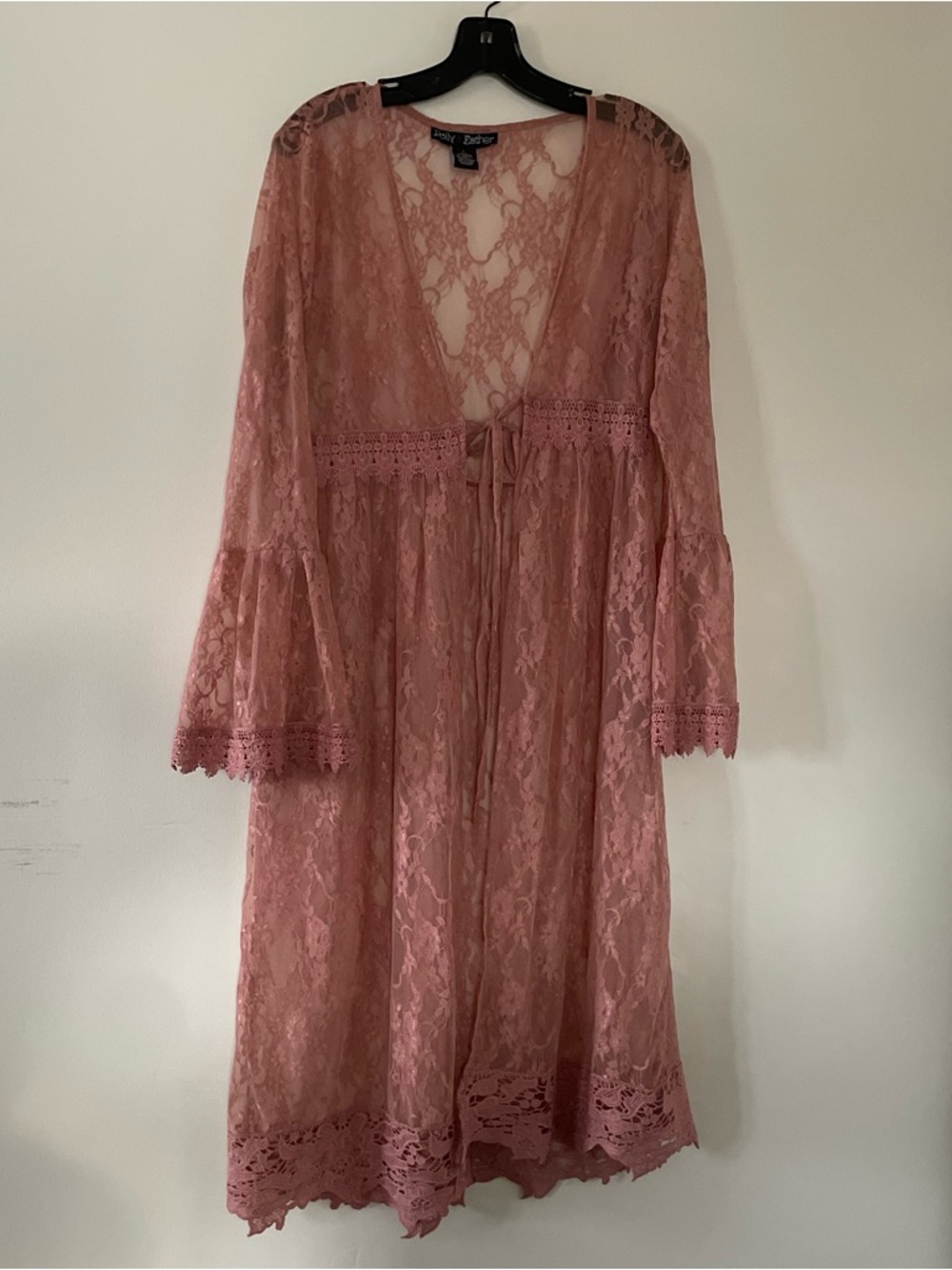 Boho Pink Floral Lace Duster Kimono Large Sheer Overlay Romantic Cottagecore